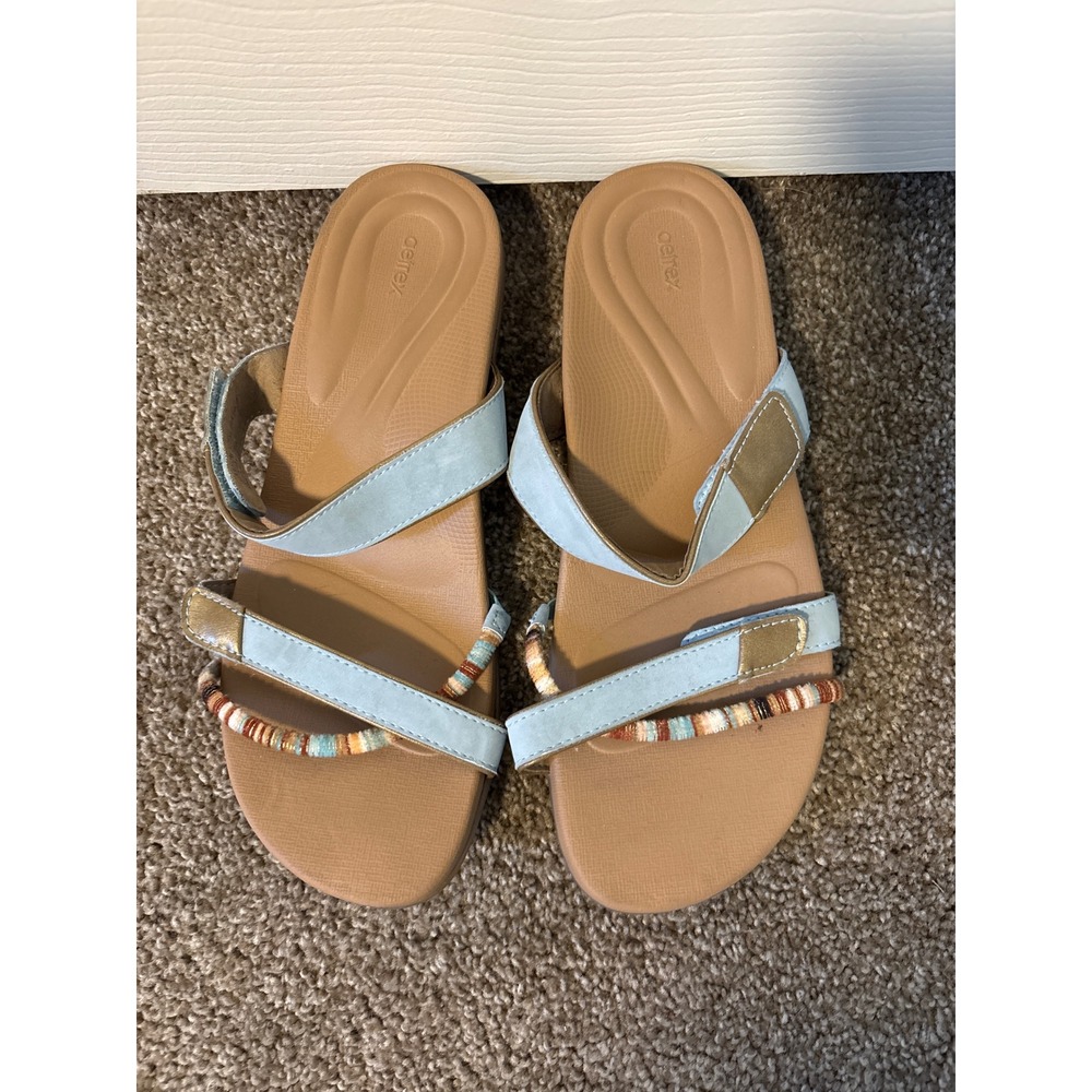 Aetrex Kori Sandals Women 9-9.5 Blue Excellent Orthotic Boho Beaded Slide AE232W